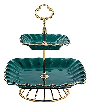 Alzata per torta Alzata per torta in ceramica con base in metallo Tavolo da dessert verde Espositore per cupcake quadrato a 2 strati Casa Soggiorno Pasticceria Vassoio da portata Porta torta