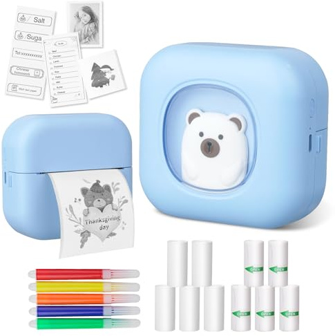 Mini Thermal Inkless Sticker Printer, Portable Pocket Device With 10 Rolls of Paper, Compatible With Android and iOS for Photos, Sticky Notes, Lists, DIY Painting (Blue)