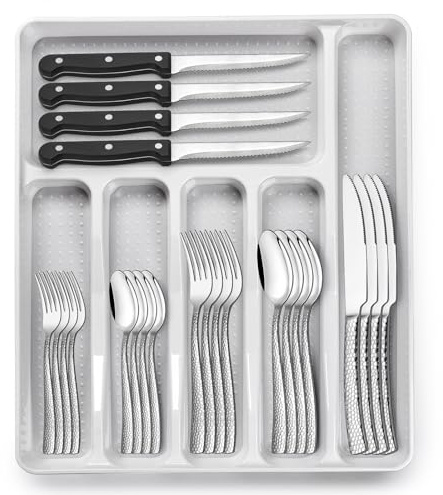 49-Piece Hammered Silverware Set with Organizer, Food-Grade Stainless Steel Flatware for 8, Cutlery Utensil Sets with Steak Knives, Rust-proof, Mirror Polished, Dishwasher Safe, Wave Hammered