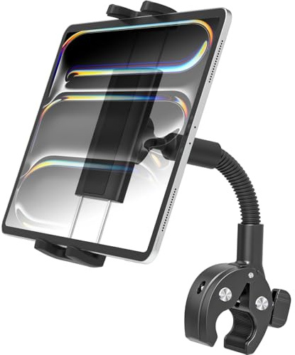 LYFPOOM Schwanenhals Heimtrainer Tablet Halter - [Metall arm], Lenker Clip iPad Halterung für Fahrrad/Motorrad/Heimtrainer/Boot, für 4-12,9 Zoll Handy & Tablet, iPad Pro/Air/Mini, Galaxy, iPhone