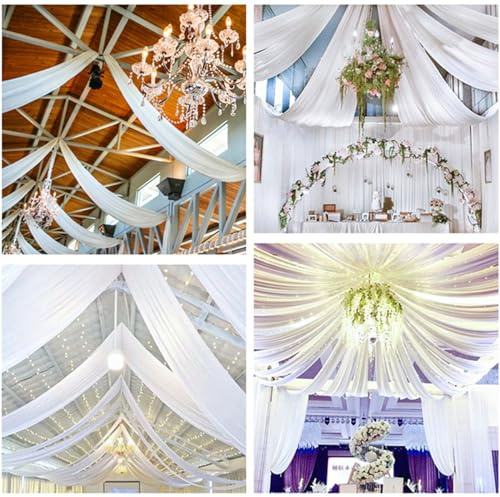 Highdi Tenture Mariage Plafond, Rideaux de Plafond Mousseline de Soie Tenture Mariage Semi Voile pour Arche de Mariage, Fête Prénatale (150x300cm,Blanc)