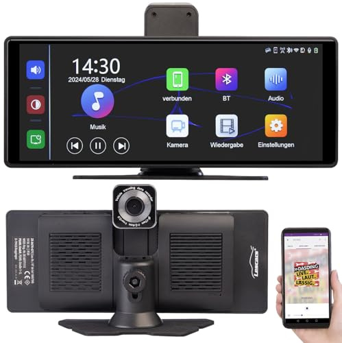 Lescars Carplay Display: IPS-HD-Touchscreen, Android&Apple CarPlay, 10,26/26 cm, 2K-Frontcam (Auto Display, nachrüsten, Navi mit Rückfahrkamera)