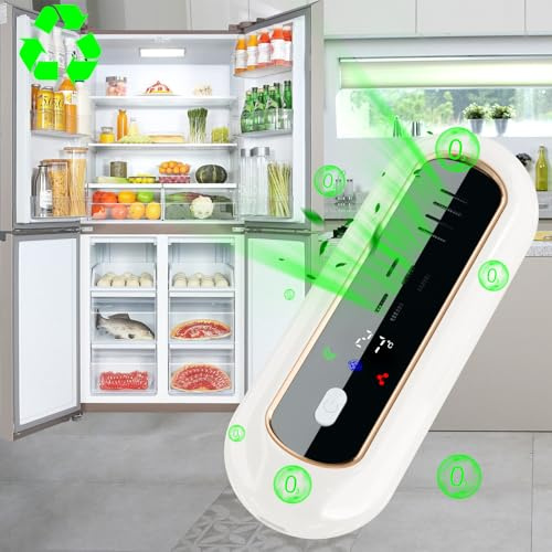 ALEENFOON Kühlschrank Deodorant Luftreiniger mit 3 Modi, Temperatur/Batteriestand Überwachen, Kühlschrank Geruchsentferner mit LED-Anzeige, wiederaufladbarer Lufterfrischer für Schrank, Haustier, Auto