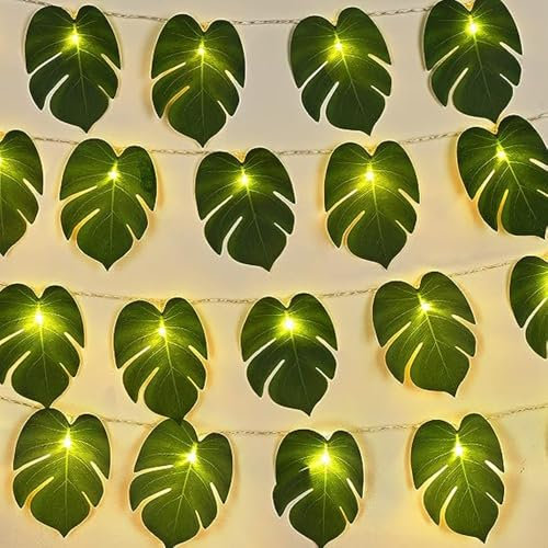 Monstera Leaf String Lights 2 Pack, 20 LED Palm Leaves Tropical Artificial Monstera Leaf Wall Hanging Vine Leaf String Lights for Hawaiian Luau Party Jungle Theme Beach Birthday Home Decorations