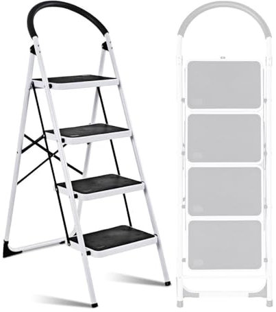 Escabeau à 4 marches BM TOOLS BMT-ESC4-ACIER, Haut. de Travail : 95 cm, se Range Facilement, Marches et Poignées Anti-dérapantes