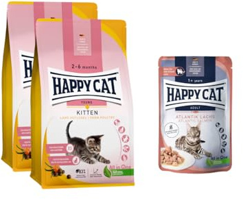 Happy Cat Young Kitten Land Geflügel M - Trockenfutter für Katzen-Babys ab der 5. Lebenswoche - 2X 1,3kg + Meat in Sauce Atlantik Lachs Pouch 85 g