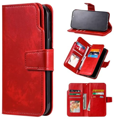 Czhwsm Funda de piel magnética compatible con Xiaomi Redmi Note 9S con soporte para tarjetas + 2 protectores de pantalla de vidrio templado, color rojo
