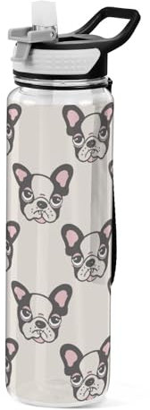 Mnsruu Transparente Sport-Wasserflasche mit Strohhalm, auslaufsichere Trinkflasche, Bulldoggen-Fahrradflaschen für Sport, Büro, Schule, BPA-freier Tritan-Kunststoff, 1 Liter
