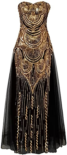 Angel-fashions Women's Sequin Strapless Sweetheart Mesh Lace up Banquet Dress Black Size 14