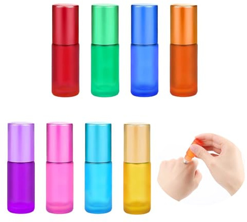 Shirene Roll on Aceites Esenciales, Botellas de cristal para aceites esenciales, 8 unidades de 5 ml, botellas con rodillo para aceites esenciales, perfume, cosméticos, masajes