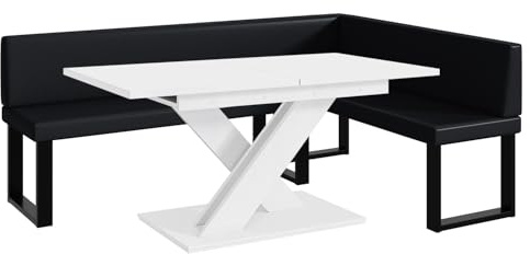 MEBLINI Eckbank für Esszimmer mit ausziehbarem Tisch - Küchenbank - Essecke - Sitzecke Küche - ERIC - U-Beine 142x196x87cm Rechts - Schwarz Kunstleder/B Weiß Matt