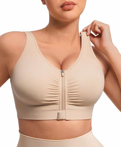 FeelinGirl Post Surgery Compression Bras for Women Mastectomy Bra No Underwire Zip Front Closure Bra with Adjustable Straps(Chestnut S) Khaki