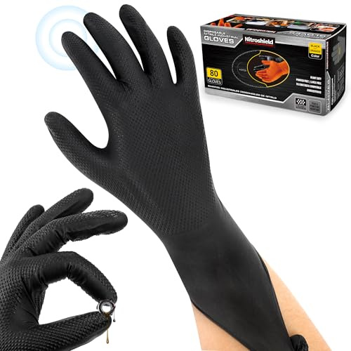 NITROSHIELD 9mil Heavy Duty Disposable Nitrile Gloves, Black XLarge 80Pcs -Chemical Resistant, Latex Powder Free Rubber Gloves Diamond Texture for Automotive, Mechanics, Cooking,BBQ, Industrial Use