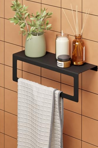 UNIDECO HOME Wall-Mounted Bathroom Shelf with Towel Rail – Matte Modern Storage, Rust-Resistant Metal, Easy No-Drill or Screw Install (Black)