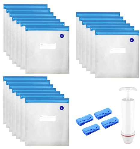 20 Piezas Bolsas de Vacío Reutilizables para Alimentos 26x28cm Sin BPA Bolsas Selladas al Vacío con 4 Clips, Bolsa Zip Reutilizable Comida de Sellado para Cocinar al Vacío y Almacenar Alimentos