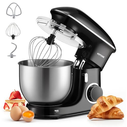 KOMORE 7L Stand Mixer for Baking, 6 Speed Pulse Mode, 1400W 3-in-1 Electric Kitchen Food Mixers with Stainless Steel Bowl, Beater, Dough Hook, Whisk, Splash Guard for Bread & Cakes, Black