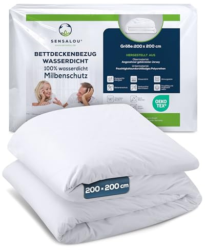 Sensalou Wasserdichter Bettdeckenbezug 200x200 - Allergiker Milbenschutz | Atmungsaktives Baumwoll-Jersey mit PU-Membran - Waschbar bis 95°C - PZN 20738995 - Befestigungsschlaufen & Reißverschluss