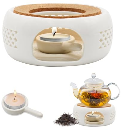 Calentador de Tetera de Cerámica con Diseño Tallado Hueco, Incluye Portavelas y Base de Corcho - para Mantener Caliente el Té, el Café y la Leche | Anillo de pared tallado hueco, mantiene el té, café y leche calientes, versátil, decorativo, para horas acogedoras