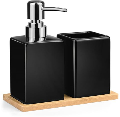 Bathroom Accessories Set - 3Pcs Ceramic Bath Accessory Set with Soap Dispenser + Toothbrush Holder + Bamboo Tray Contemporary Countertop Bathroom Set for Bathroom, Washbasin, Sink, Bathtub, Black