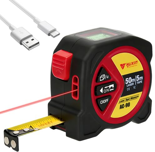 Laser Tape Measure Rechargeable, 50M Laser Distance Meter & 5M Tape Measure, Digital Tape Measure with LCD Display, Area Distance Volume Pythagorean (M, FT, INCH)