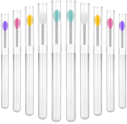 Lurrose Lot de 10 Applicateurs à Lèvres en Silicone Réutilisables, Pinceaux Biseautés Multicolores, avec Manche Plastique et Capuchon Transparent, pour Maquillage et Masque à Lèvres