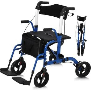 Andador para Ancianos Plegable de Aluminio con Asiento y Reposapiés, Rollator Ligero con Frenos, Cesta y Apoyabrazos, Caminador Adultos, Silla de Ruedas Auxiliar para Rehabilitación