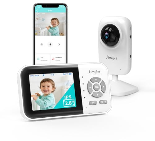 Simyke Moniteur de bébé avec caméra et écran de 2,8, sans WiFi avec mode conversation bidirectionnelle et mode VOX, vision nocturne et capteur de température, moniteur vidéo portable pour bébé
