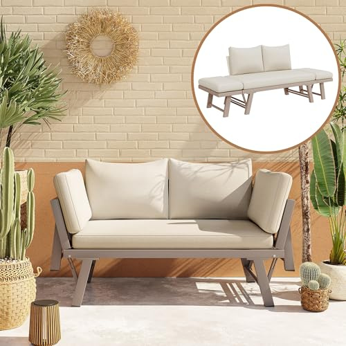 Merax Gartenmöbel 2 Sitzer, Gartensofa mit klappbaren Armlehnen und Auflagen, Sonnenliege Gartenliege aus verzinktem Stahl, Loungesofa für Balkon Terrasse Garten, Beige