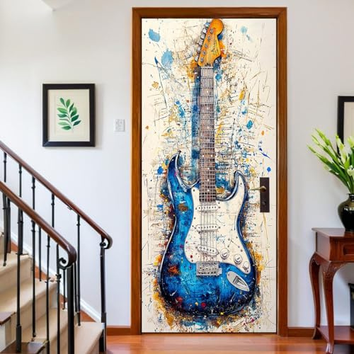 Mural Adhesivo para Puerta 77x200 cm Instrumento musical guitarra eléctrica Vinilo Decorativo Pintura de acuarela Decoración para Dormitorio y Habitación Infantil