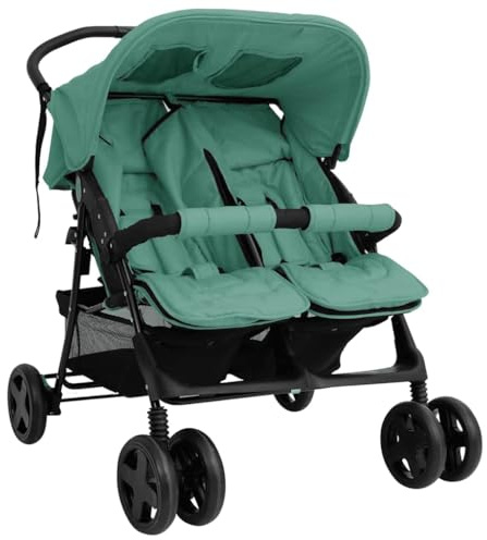Zwillingskinderwagen Grün Stahl, Kombikinderwagen mit Babyschale, Buggy leicht & klappbar, Sportwagen Geschwisterwagen, Jogger Kinderwagen ab Geburt, Kinderwagen für 2 Kinder