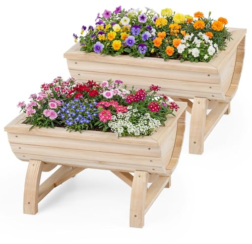 GOPLUS Lot de 2 Jardiniere sur Pieds en Bois Massif, 39x30x24 CM, Carre Potager Forme Demi-Tonneau avec Trou de Drainage pour Légumes, Plantes, Herbes, Table de Culture pour Balcon, Jardin