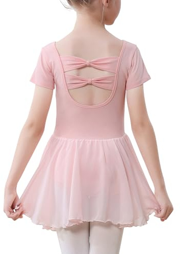 ANTLOOWW Ragazza Vestito da Balletto,Body da Balletto a Maniche Corte per Bambine, Body da Balletto in Cotone e Abito da Danza per Bambine con Gonna in Chiffon (IT, Numero, 98, Regular, Rosa)