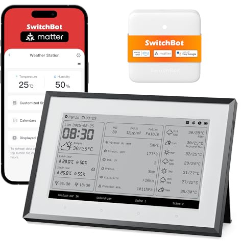 SwitchBot Tableau de Bord Connecté E-Ink, Station Météo avec Hub Matter | Écran 7,5, calendrier familial, thermomètre intérieur/extérieur, hygromètre, météo, Google/iCloud/Outlook, WiFi 2,4GHz & BLE
