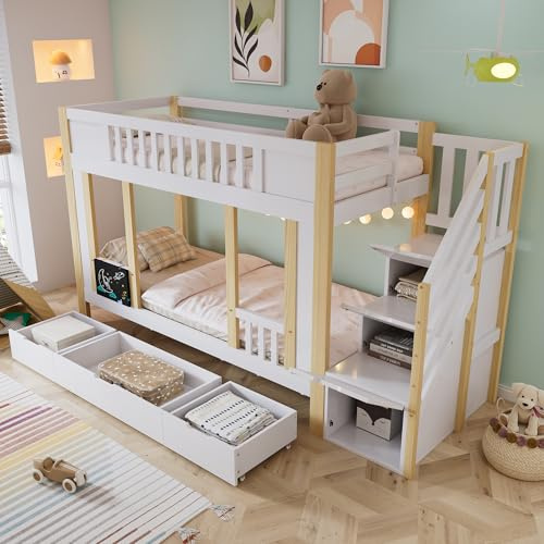Mrwoo Holzbett 90x200 cm mit Treppe Stauraum und Schubladen, Etagenbett mit Sicherheitsgitter, Kinderbett, Stauraumbett, Weiß+Natur-B(Ohne Matratze)