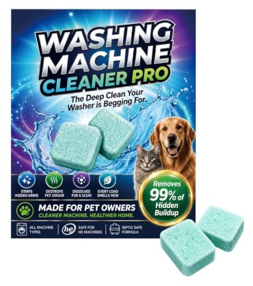 Comprimés Nettoyant Lave-Linge 12 Pastilles – Nettoyage Profond pour Propriétaires d'Animaux, Élimine Poils et Odeurs Tenaces, Parfum Citron-Menthe Frais