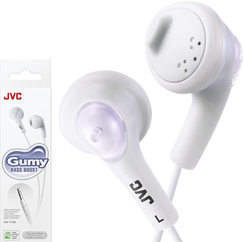 JVC HAF160W HAF160W Gumy Ear Bud Headphone White | Oval Form with Soft Rubber Body for Comfortable Fit, Powerful Sound with Bass Boost Design, Color Cord