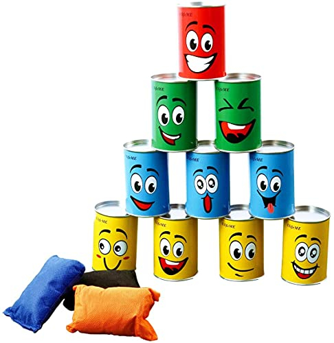 Ulifeme Tin Can Alley Game, Outdoor Garden Target Shooting Fairground Games for Kids & Children, Garden Party Toys Gift for Boys & Girls: 10pcs Fun Smile Knock Down Tin Cans and 3pcs Beanbags