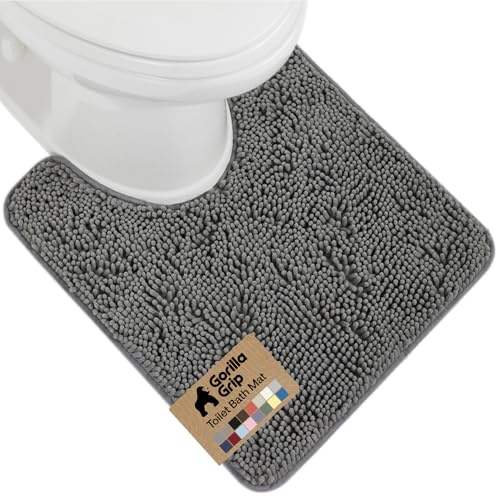 GORILLA GRIP Plush Absorbent Shaggy Chenille Bath Rug Mat for Oval Toilet Base with Rubber Backing, Machine Washable Rugs, Soft Microfiber Contour Mats for Toilets, Quick Dry, Bathroom Decor, Grey