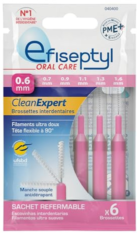 Efiseptyl - Brossettes Interdentaires Clean Expert 0,6mm - Sachet Refermable - Avec Traitement Antibactérien - Sachet de 6 Brossettes
