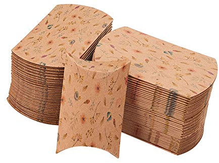 Airssory 100 piezas de papel kraft almohada caja de embalaje de dulces caja de patrón de flores cajas de regalo rústicas para boda dulces dulces favores baby shower fiesta de cumpleaños