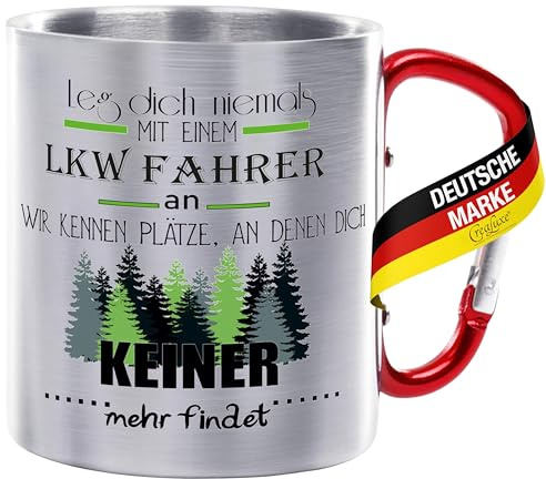 CreaLuxe Edelstahltasse mit Karabiner 'Leg dich niemals mit einem LKW Fahrer an - wir kennen Plätze .' Tasse bedruckt, Kaffeetasse, Bürotasse, Metalltasse mit Name