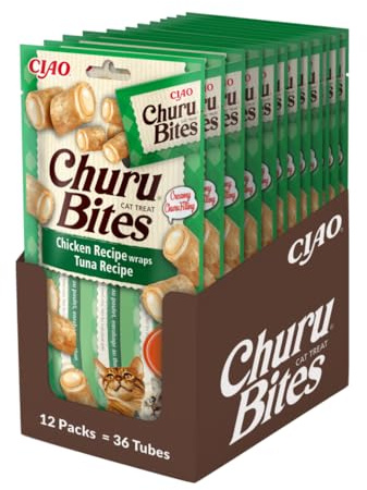INABA Churu Bites, Katzenleckerlis mit Huhnerfleisch und Thunfisch, 21x30g | Ohne Getreide und Zucker, Ohne Nebenerzeugnisse, Katzensnacks, Hochwertige Zutaten, Perfekt zum Verstecken von Tabletten