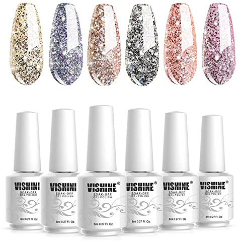 Vishine Gel Nagellack-Set Glitzer Gel Nail Polish für Nagel-Design 6pcs 8ml, Nagellack-Set mit LED Nagellamp und Kristallsteinen