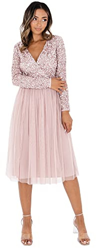 Maya Deluxe Midi Elegant Hochzeit Ärmel Tiefer V Ausschnitt Pailletten Cocktailkleid Abschlussball Brautjungfernkleid