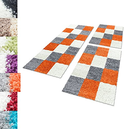 Carpettex Bettumrandung Schlafzimmer 3teilig Shaggy Teppich Hochflor Karo Muster Terra Bettset:2 mal 60x110 + 1 mal 80x150 - Bettvorleger Schlafzimmer Läuferset Weicher Langflor Bettumrandung Teppich