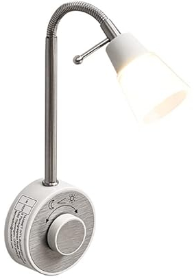 BKZO Dimmbare LED Steckdosenlampe, Leselicht, Leselampe nickel gebürstet, 2W, Steckerleuchte mit Schwanenhals flexibel warmweiß 2700K