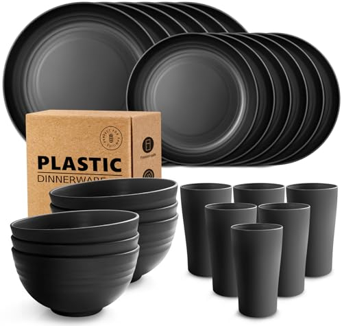 24 Pezzi Set Di Stoviglie Da Plastica Infrangibile, Per 6 Persone, Piatti, Ciotole, Tazze, Riutilizzabile, Set Di Piatti Da Campeggio e Picnic, Sicurezza Lavastoviglie, Nero
