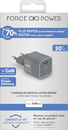 Chargeur Maison 30W Power Delivery GaN Garanti à Vie Gris - 100% Plastique recyclé Force Power