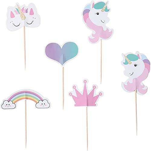 Topper per Torte di Unicorno,Torta Arcobaleno Toppers 24 Pezzi Stuzzicadenti Bandiera per Bambina Ragazzo Bambini Compleanno Tema Party Regalo Torta Decorazioni