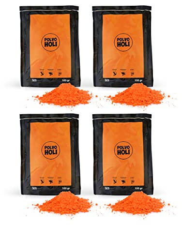 POLVO HOLI - Packung mit 4 Holi-Pulverbeuteln à 100 Gramm (400 g Holi-Pulver) (Orange)